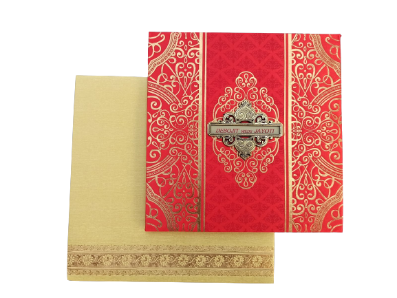 “Regal Elegance: Red Color Wedding Card with Golden Border” – myMandap ...